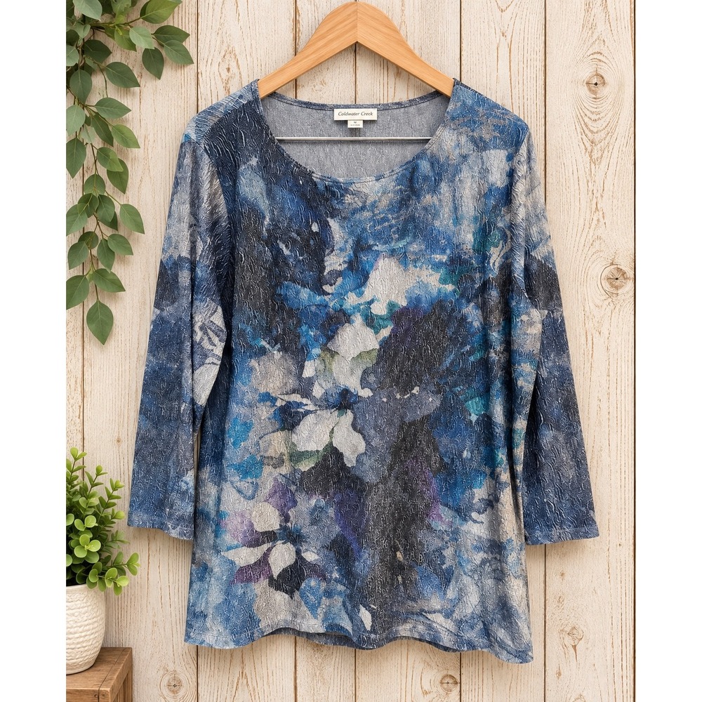 Coldwater Creek Womens Blue Floral Textured 3/4 Sleeve Tunic Top Large 14-16 USA